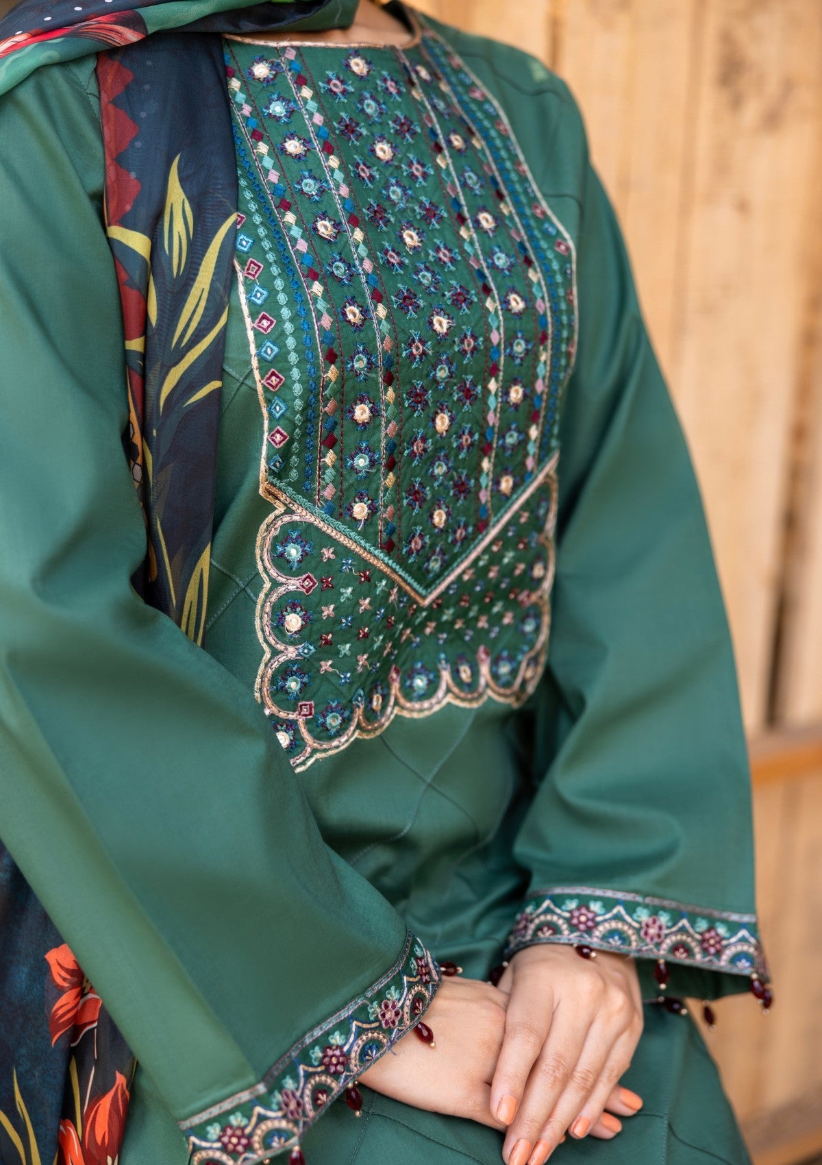 D#03 - KALE GREEN - 3 pc - Embroidered - Luxe Attire 25 - Lawn