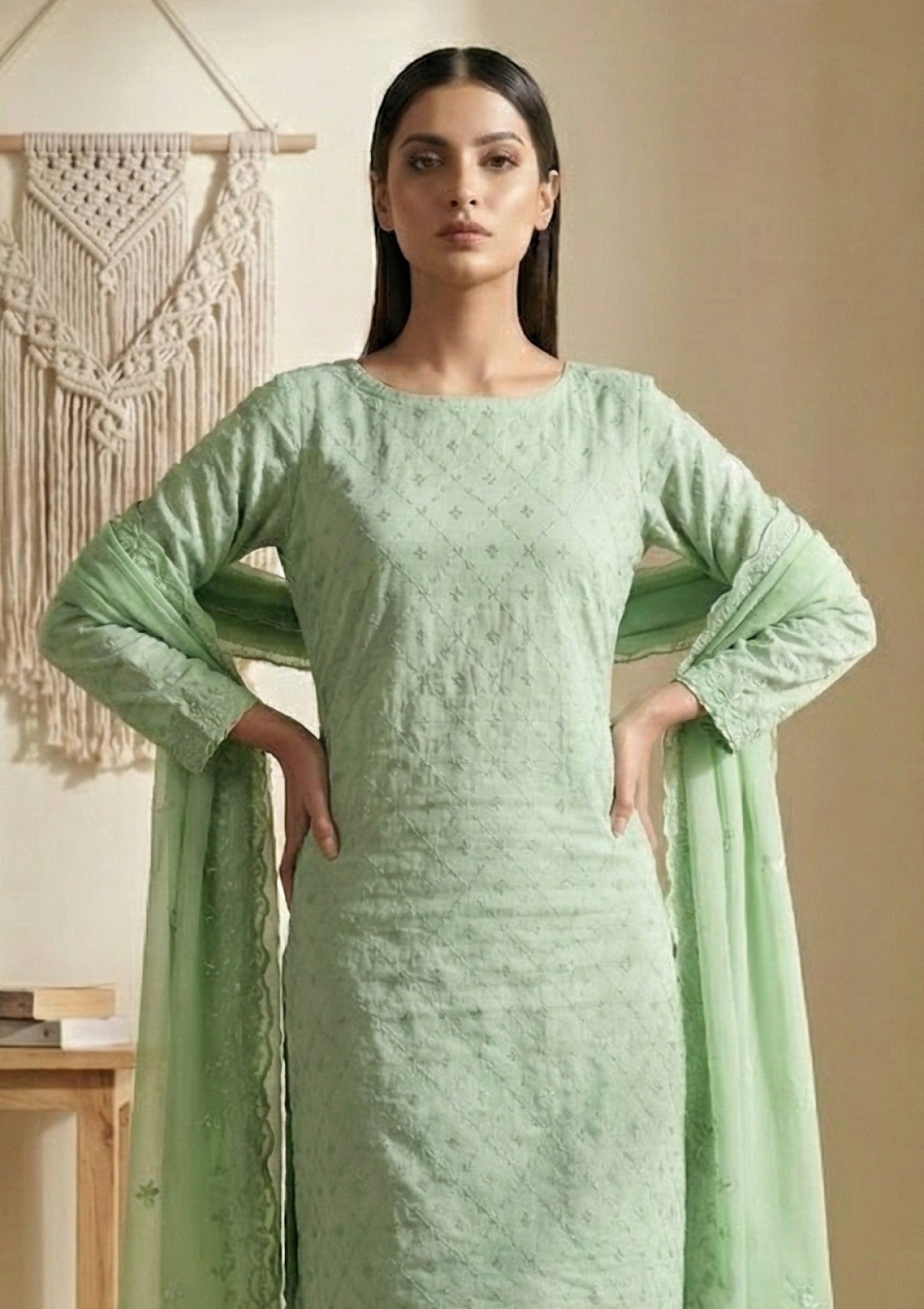 D#13 - L Green - 3 pc - Printed Embroidered - R Prints Lawn 26