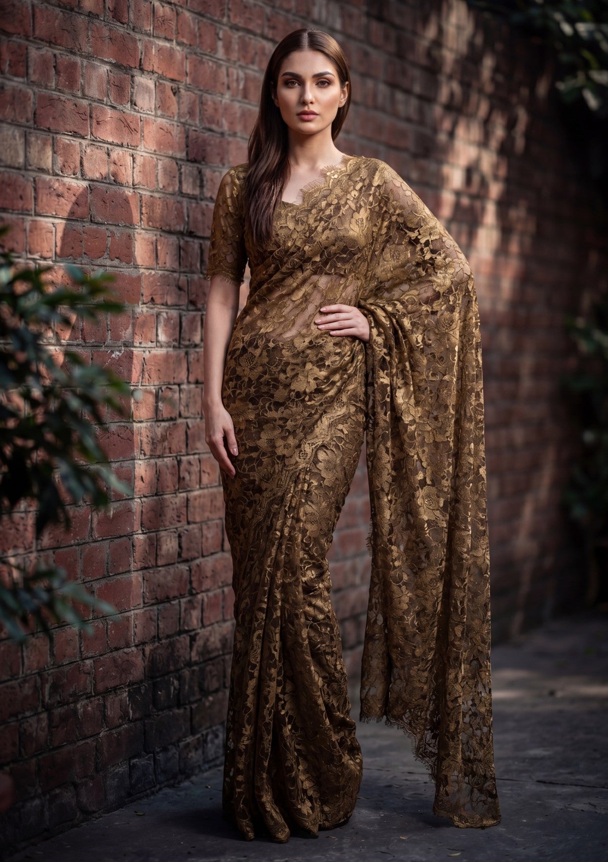 Fancy Chantilly Lace Saree - Deep Golden