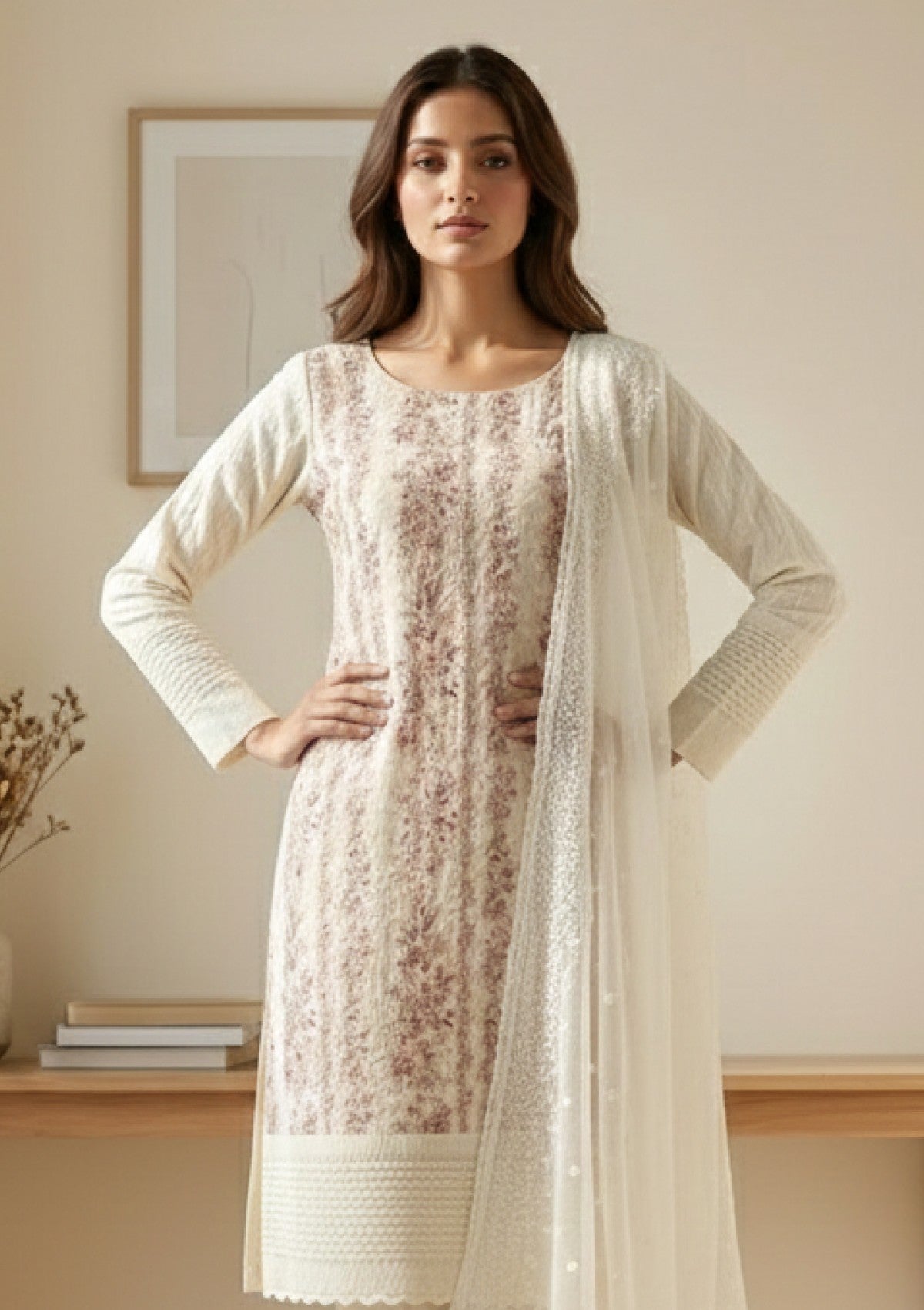 D#212 - Cream - 3 pc - Printed Embroidered - R Prints Lawn 26