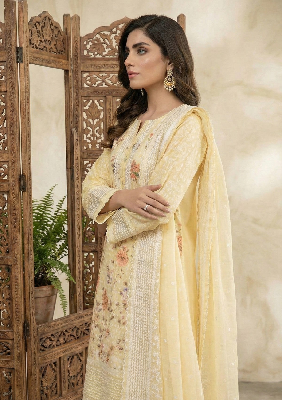 D#214 - Yellow - 3 pc - Printed Embroidered - R Prints Lawn 26