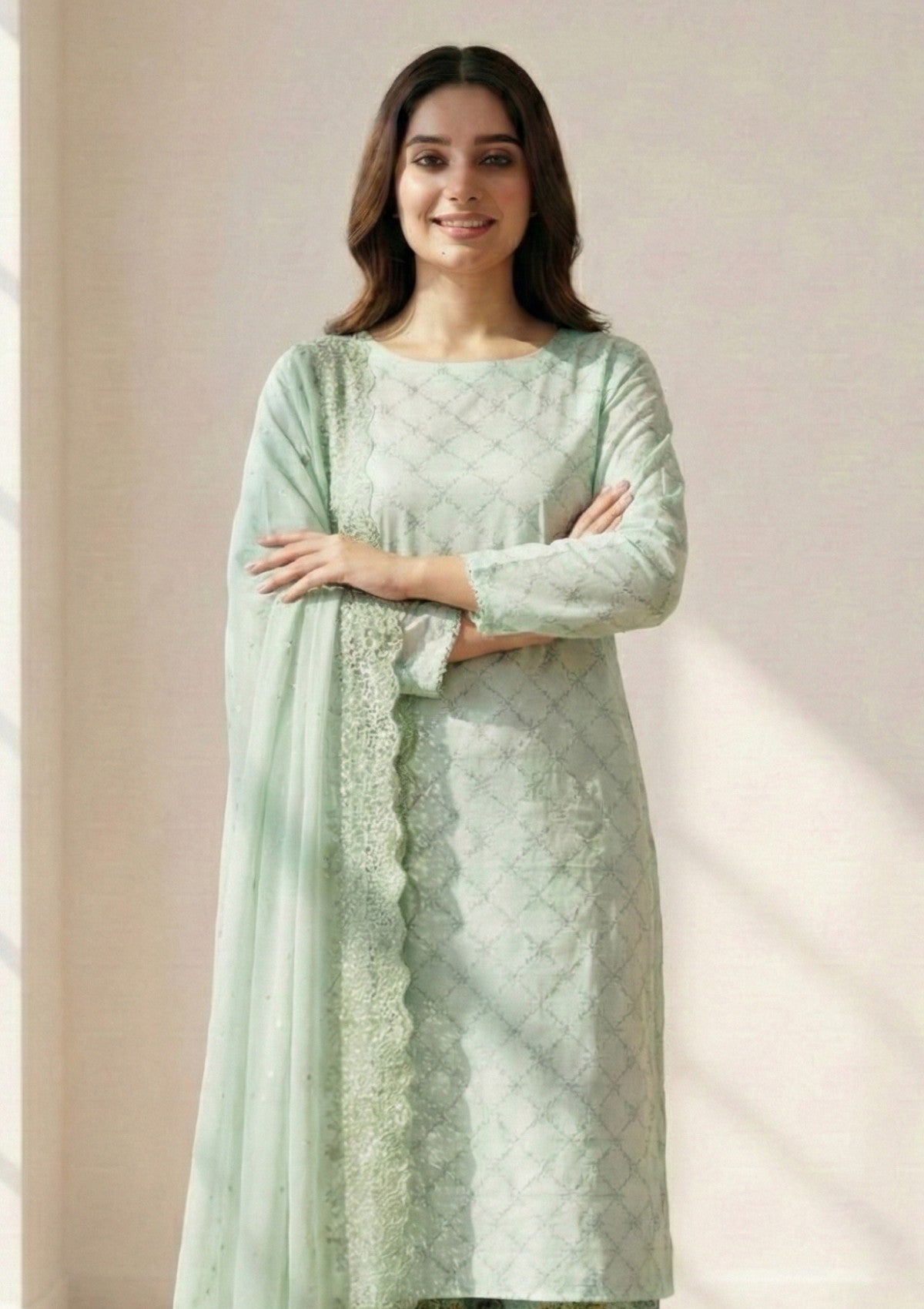 D#12 - L Green - 3 pc - Printed Embroidered - R Prints Lawn 26