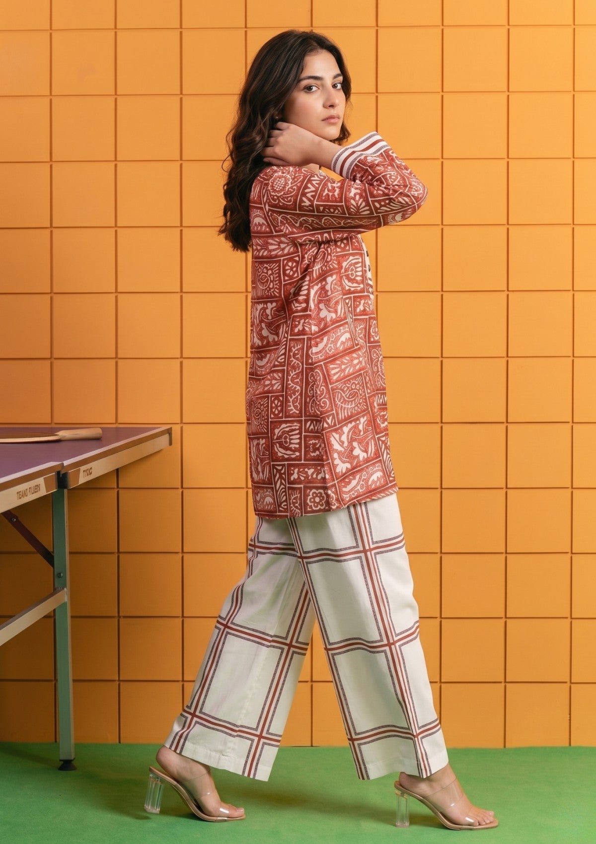 D#10 - White Maroon - Pret - Co-Ord Set - Silk