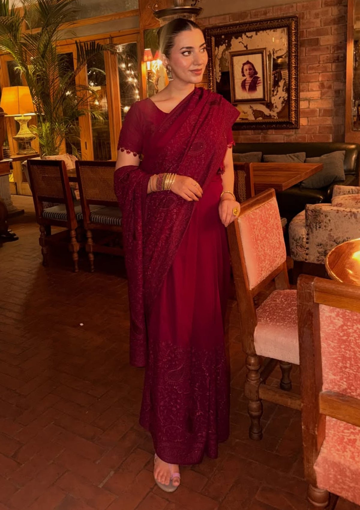 Georgette Embroidered Chiffon Saree - Maroon