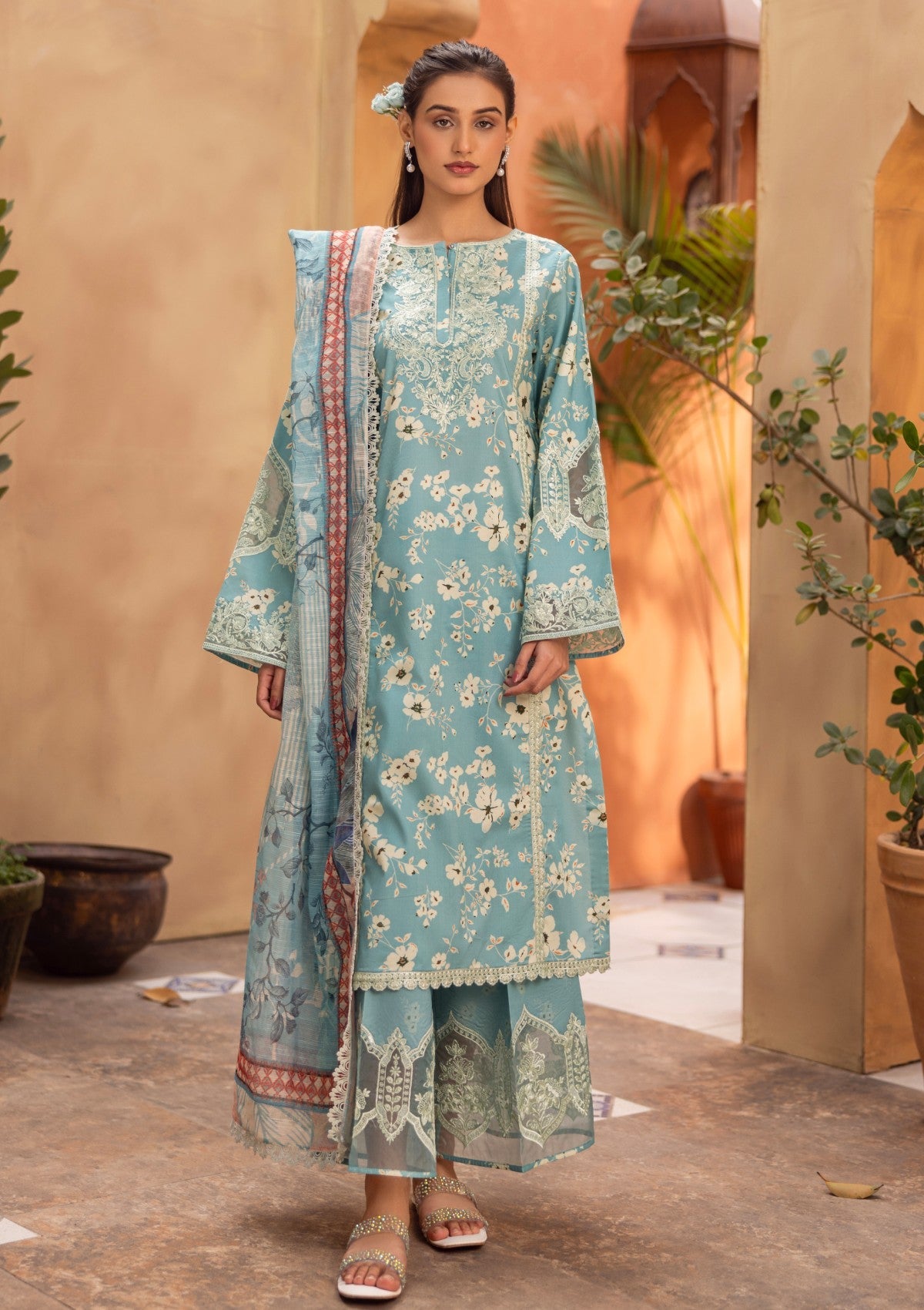 RPM#06 - Azure Blue - 3 pc - Printed & Embroidered - Print Melody 25 - Lawn