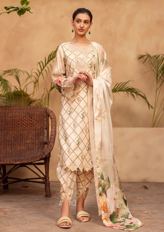 RPM#08 - Ivory - 3 pc - Printed & Embroidered - Print Melody 25 - Lawn