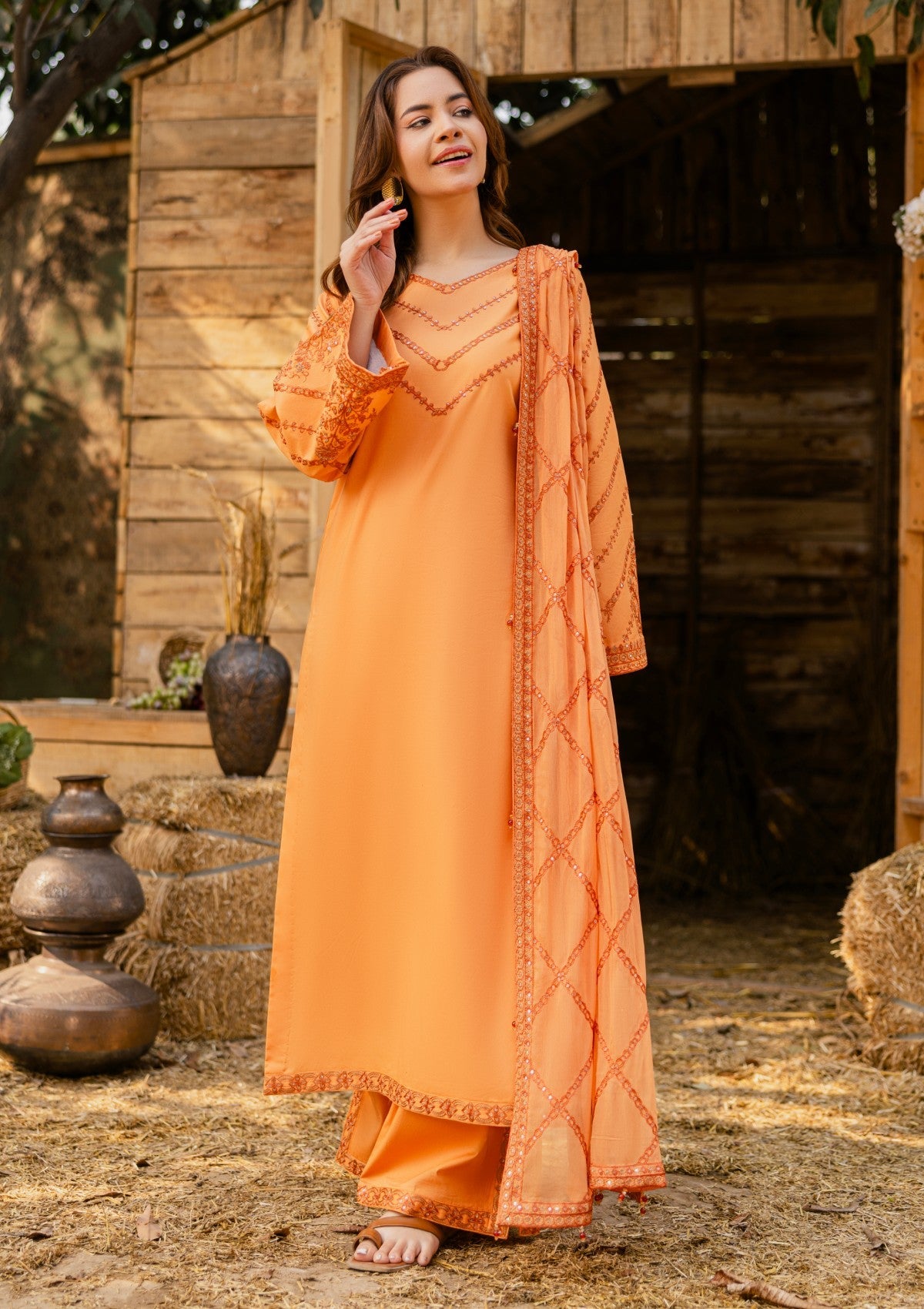 D#01 - TANGERINE - 3 pc - Embroidered - Luxe Attire 25 - Lawn