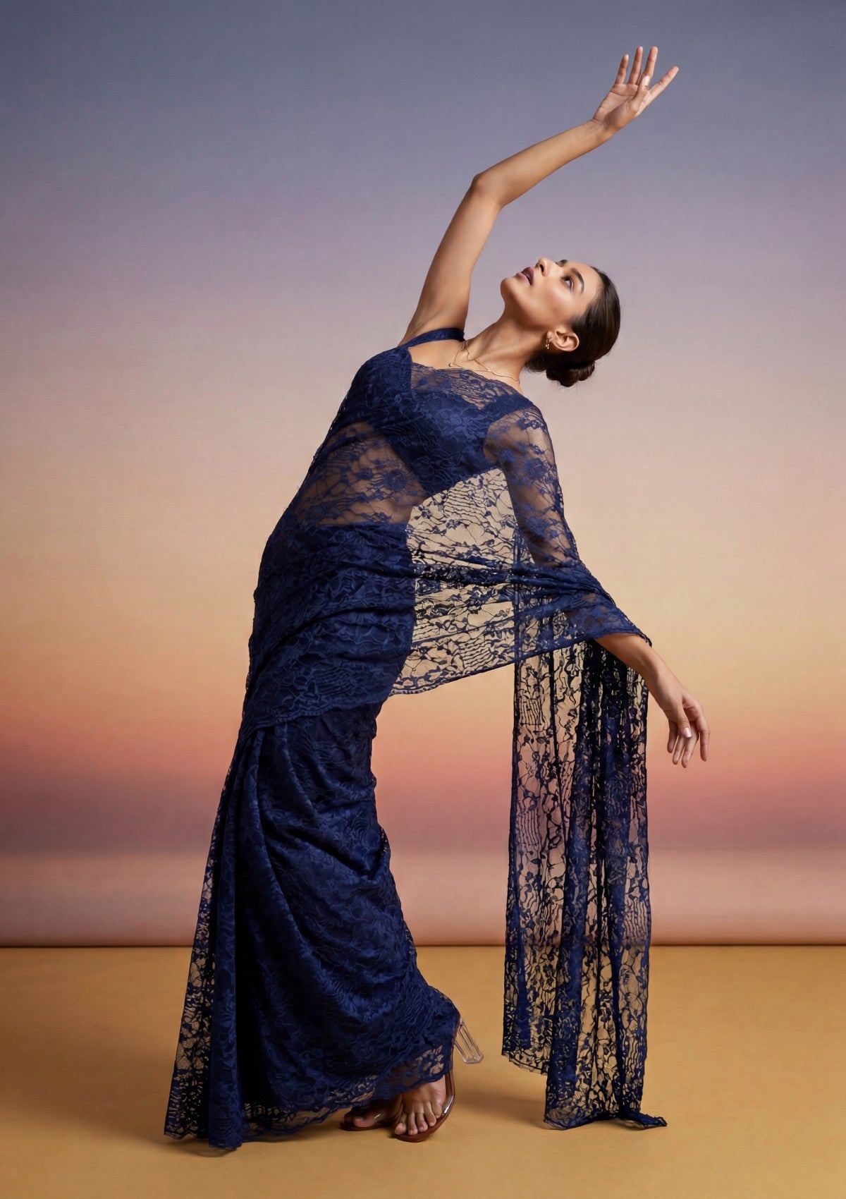 Fancy Chantilly Lace Saree - Navy Blue