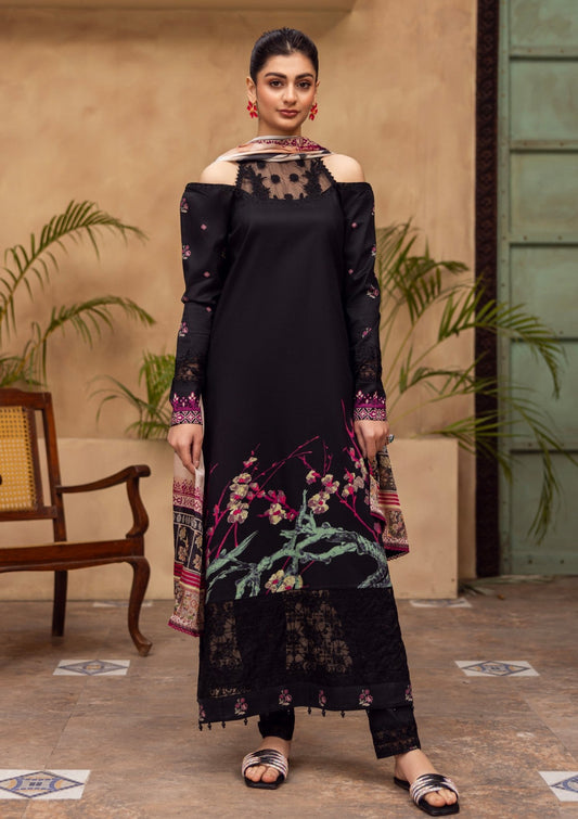 RPM#09 - Coal Black - 3 pc - Printed & Embroidered - Print Melody 25 - Lawn