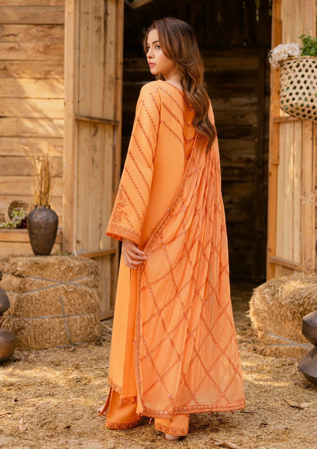 D#01 - TANGERINE - 3 pc - Embroidered - Luxe Attire 25 - Lawn