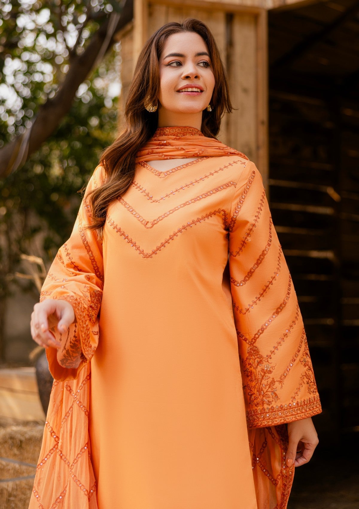 D#01 - TANGERINE - 3 pc - Embroidered - Luxe Attire 25 - Lawn