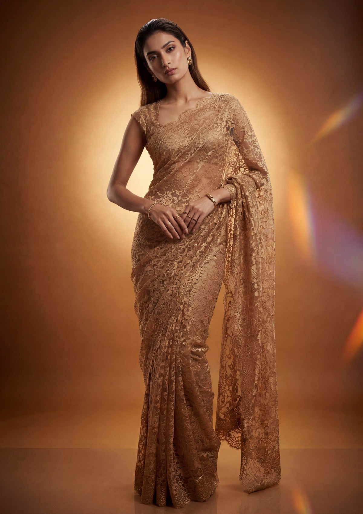 Fancy Chantilly Lace Saree - Light Golden