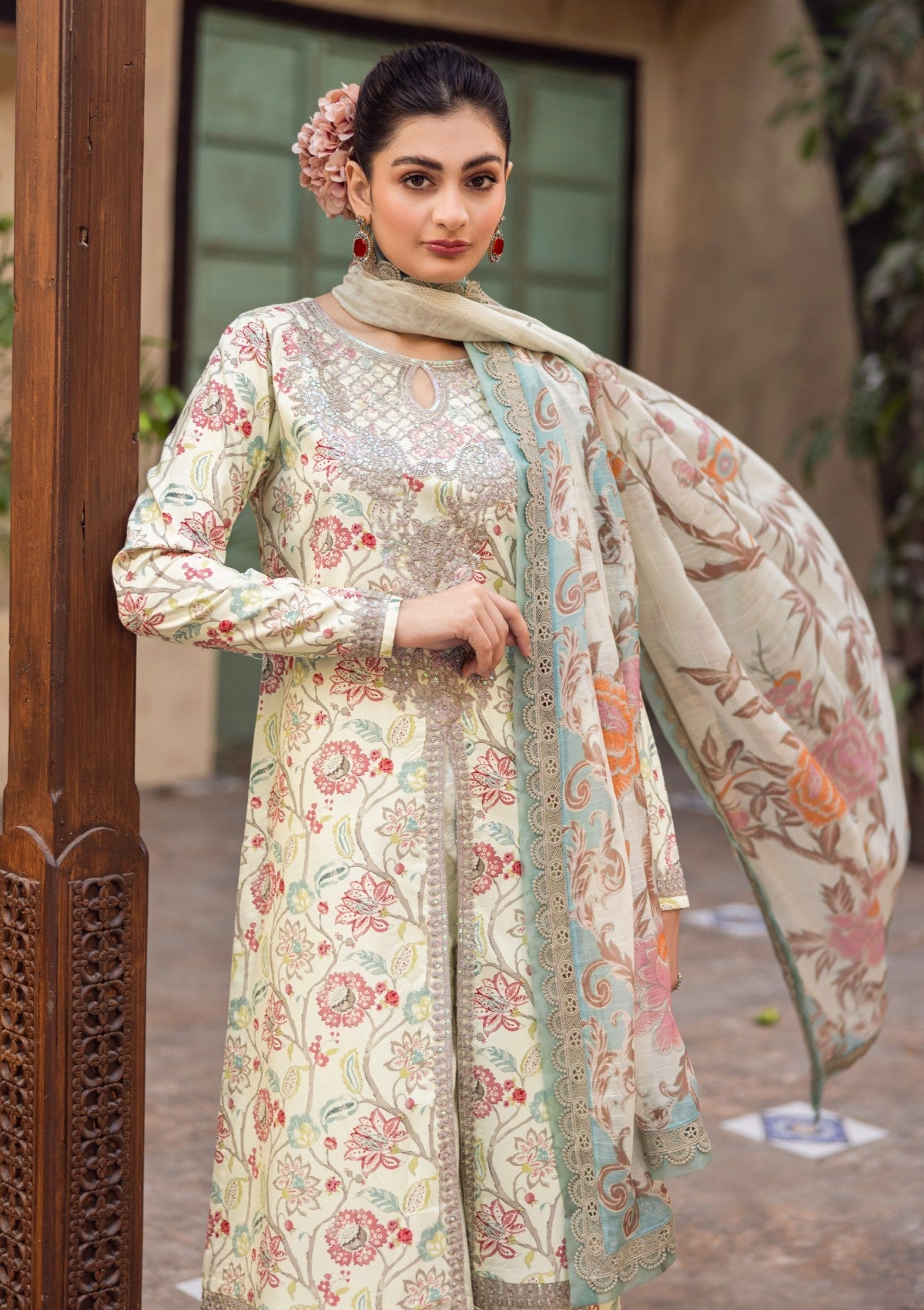 RPM#12 - Butter Milk - 3 pc - Printed & Embroidered - Print Melody 25 - Lawn