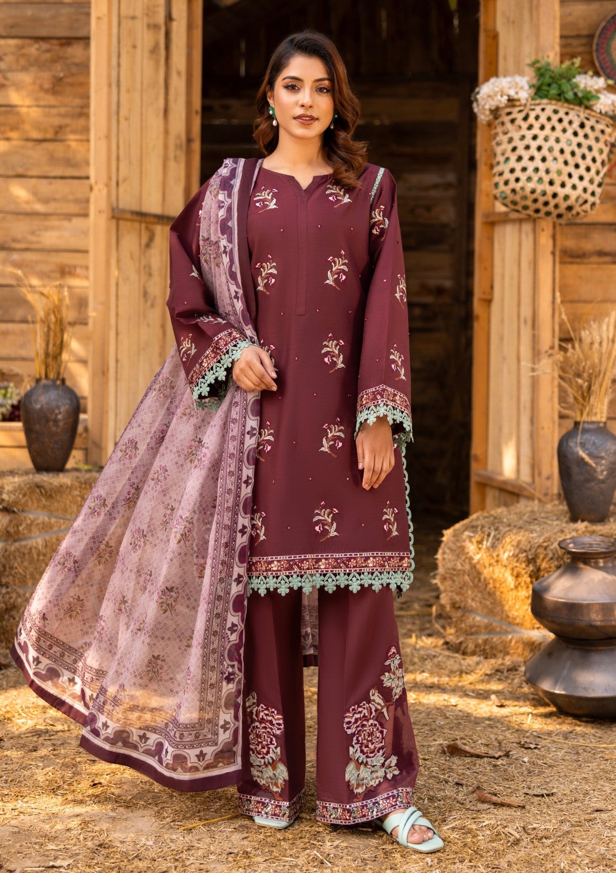 D#06 - RASBERRY - 3 pc - Embroidered - Luxe Attire 25 - Lawn