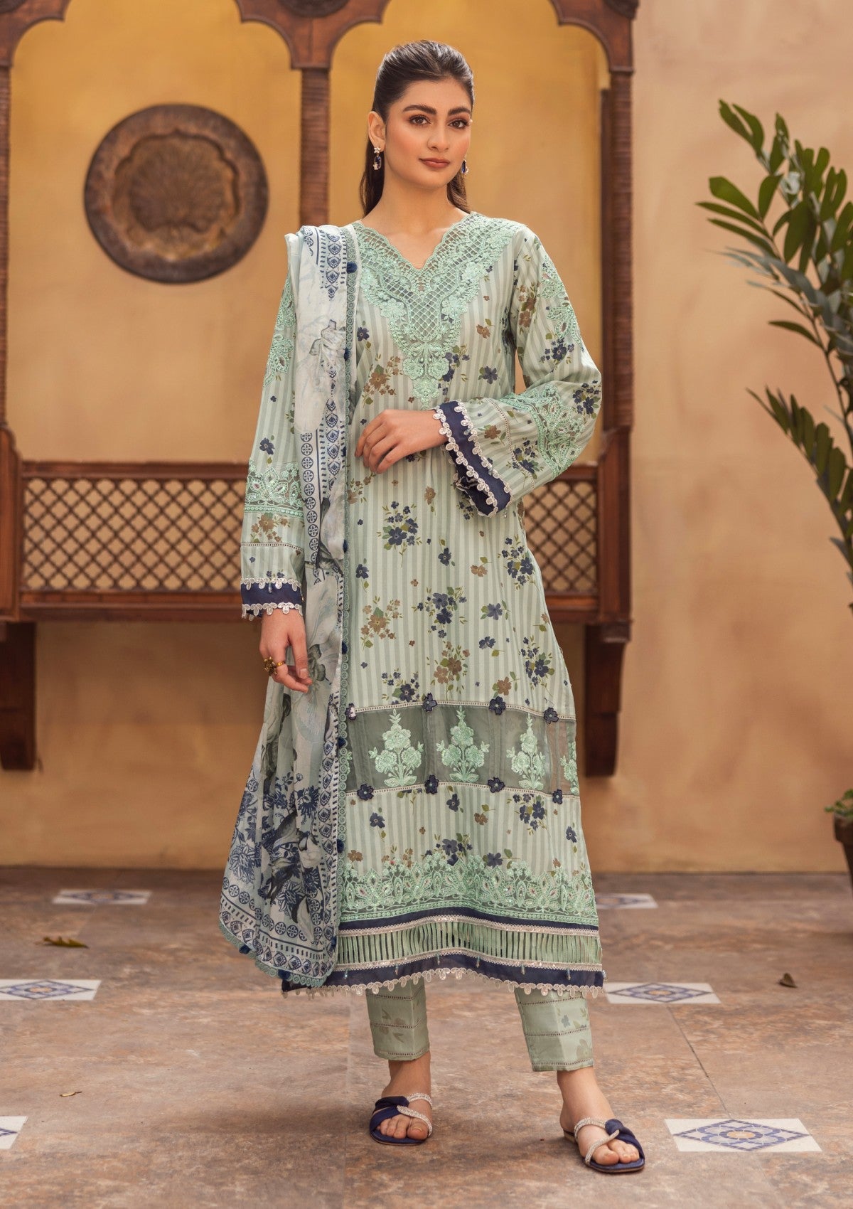 RPM#02 - Aqua Green - 3 pc - Printed & Embroidered - Print Melody 25 - Lawn