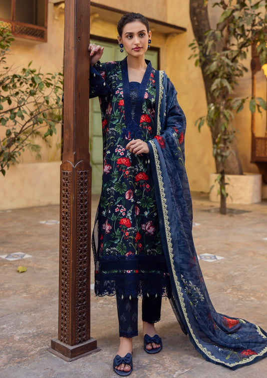 RPM#13 - Denim Blue - 3 pc - Printed & Embroidered - Print Melody 25 - Lawn