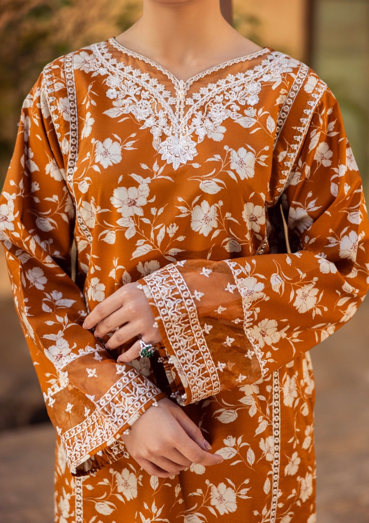 RPM#14 - Ochre Mustard - 3 pc - Printed & Embroidered - Print Melody 25 - Lawn