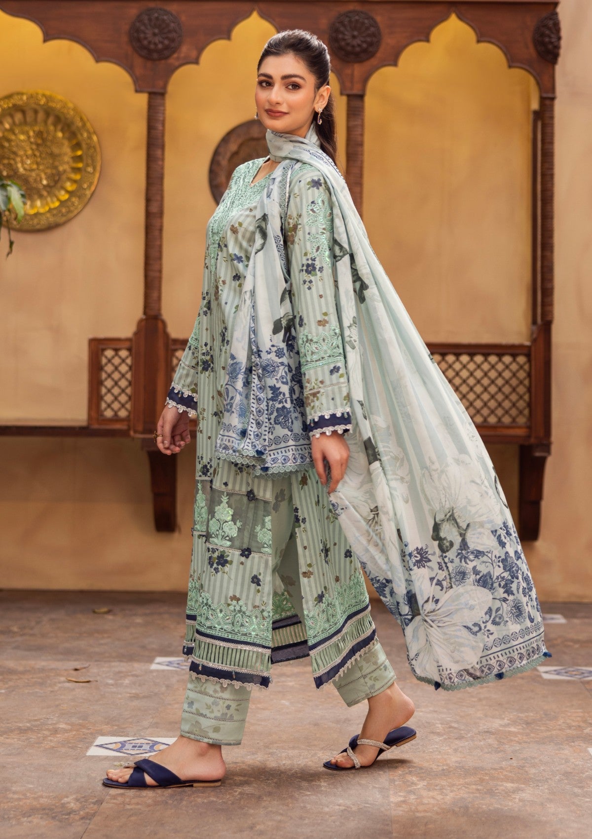 RPM#02 - Aqua Green - 3 pc - Printed & Embroidered - Print Melody 25 - Lawn