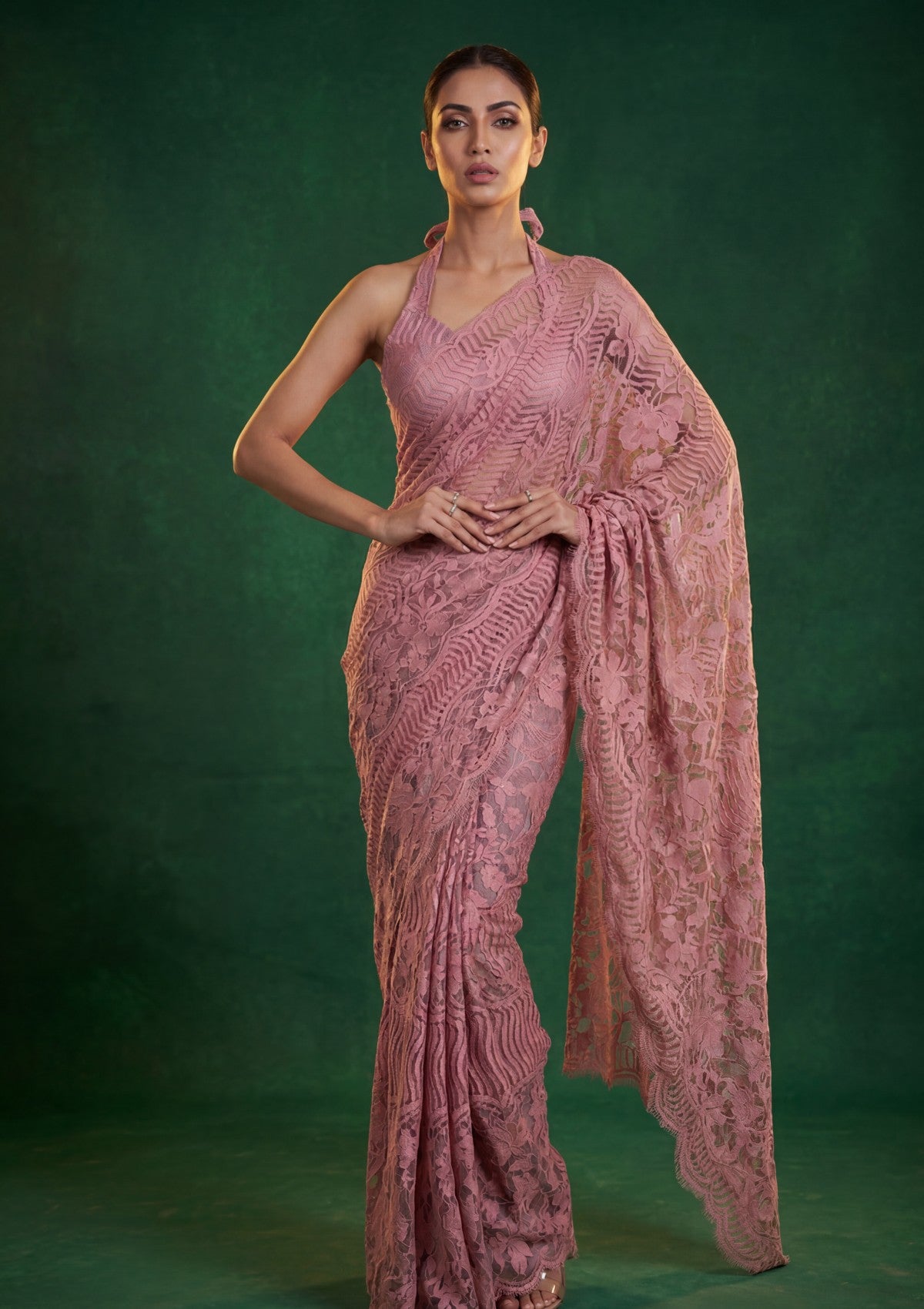 Fancy Chantilly Lace Saree - Pink