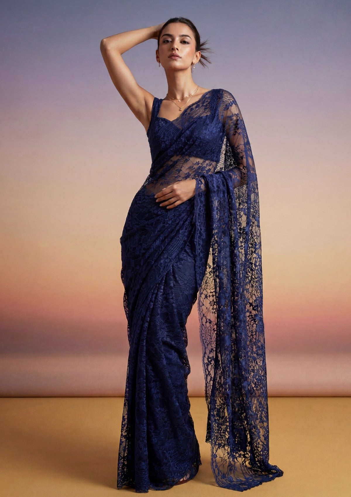 Fancy Chantilly Lace Saree - Navy Blue