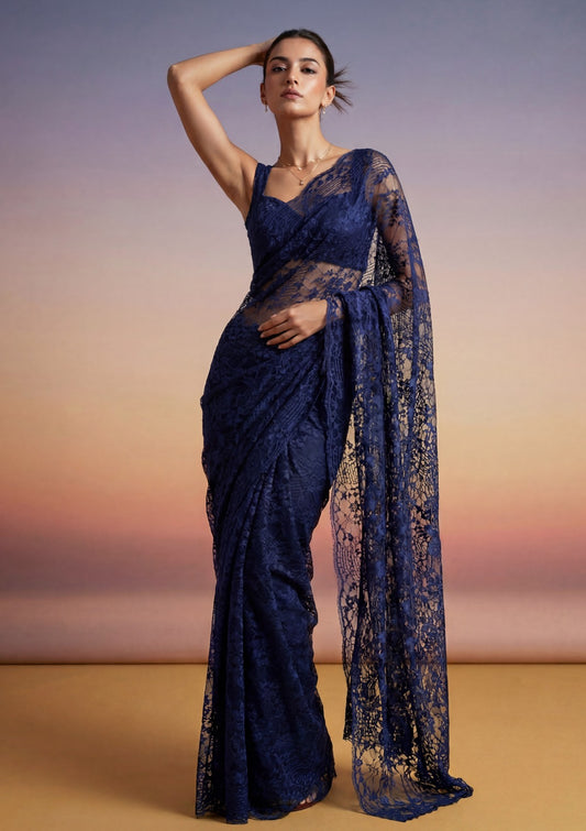 Fancy Chantilly Lace Saree - Navy Blue