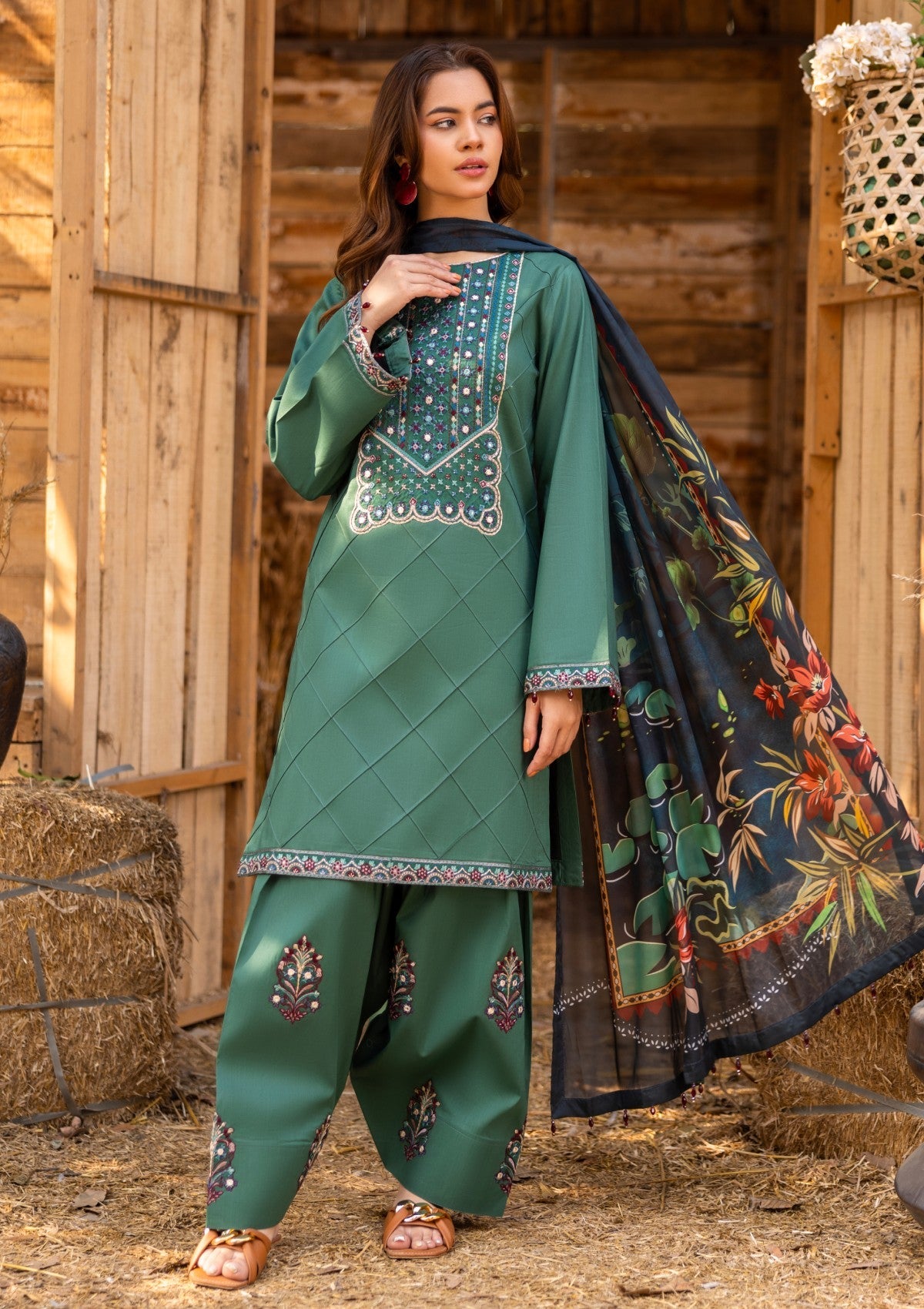 D#03 - KALE GREEN - 3 pc - Embroidered - Luxe Attire 25 - Lawn