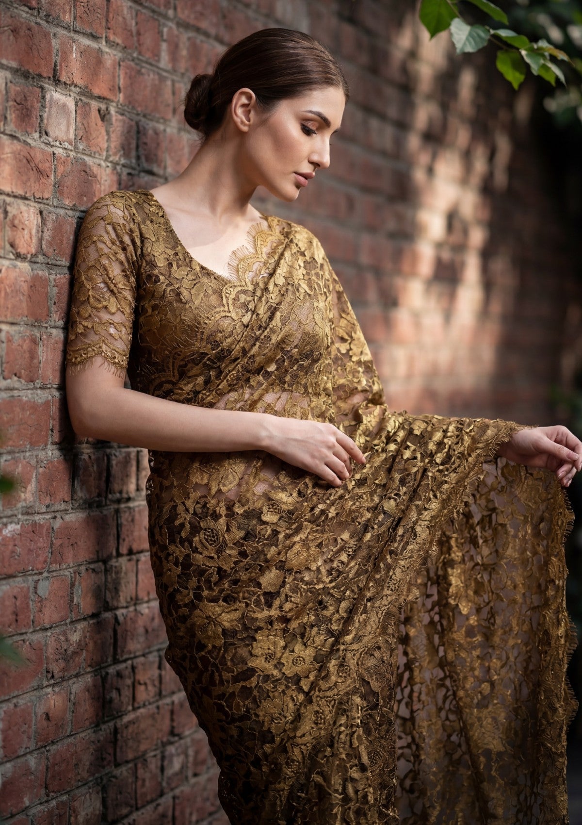 Fancy Chantilly Lace Saree - Deep Golden