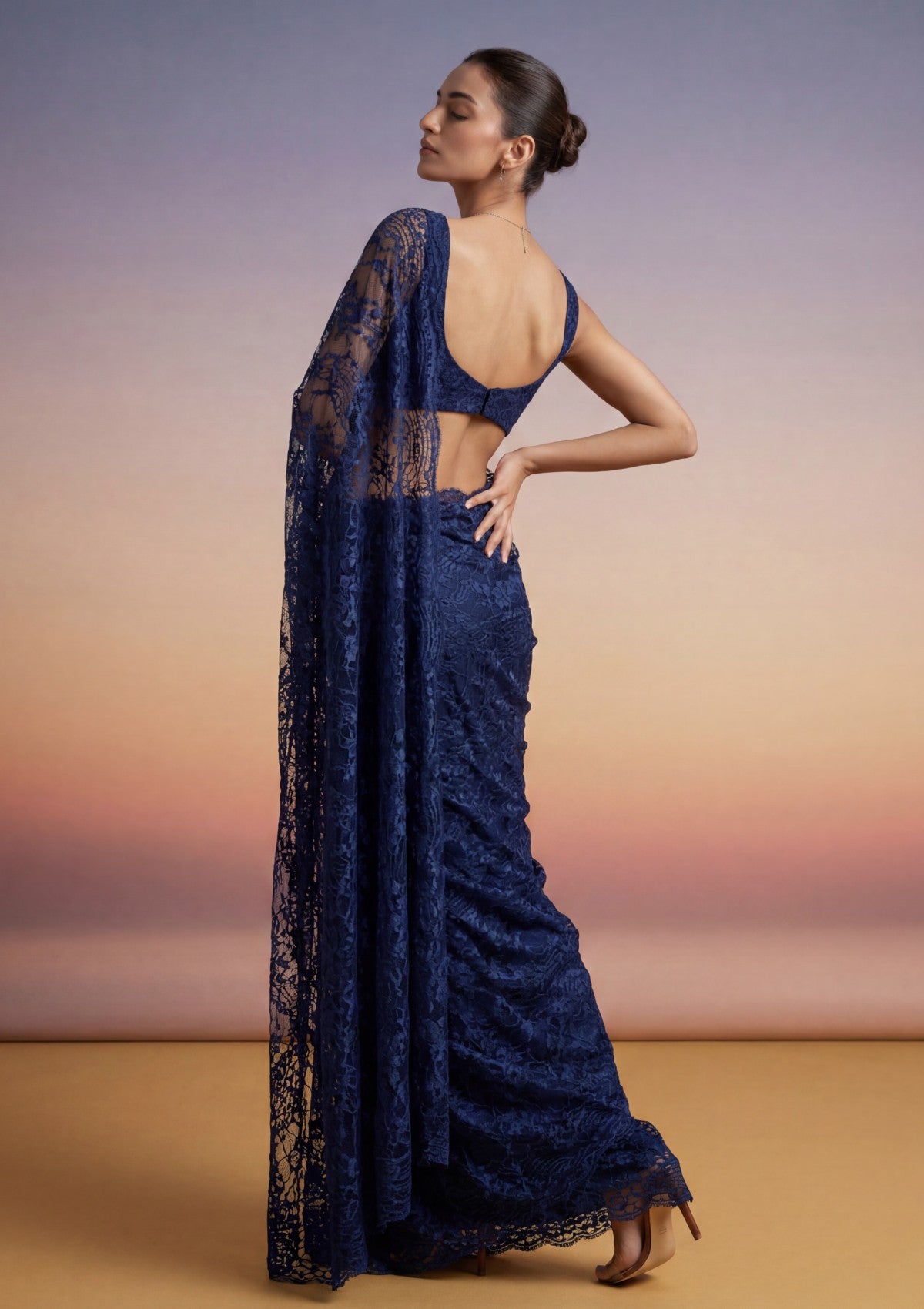 Fancy Chantilly Lace Saree - Navy Blue