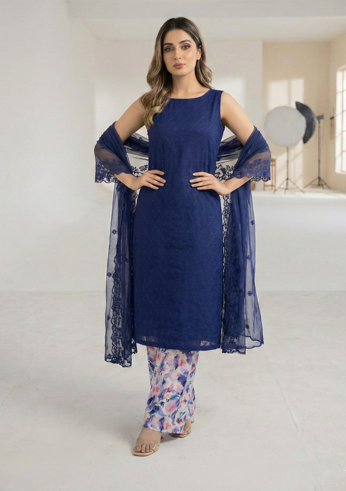 D#13 - L Blue - 3 pc - Printed Embroidered - R Prints Lawn 26