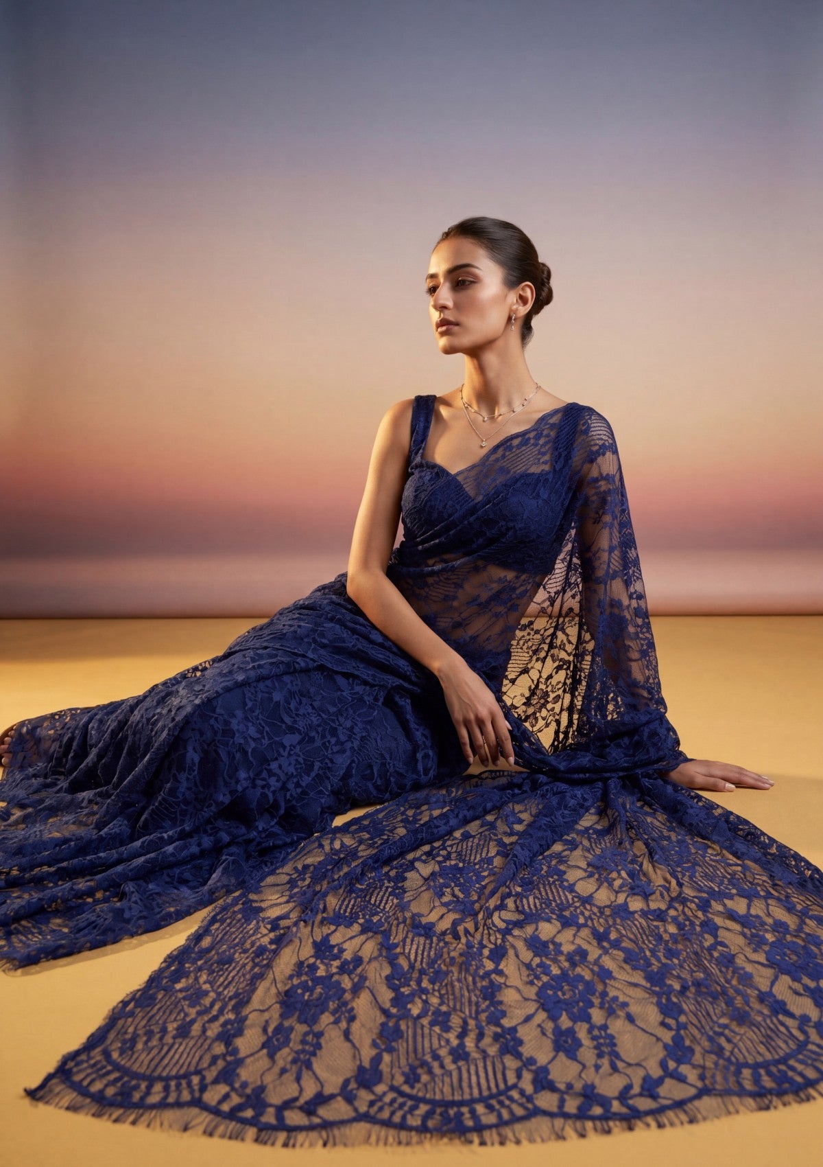 Fancy Chantilly Lace Saree - Navy Blue