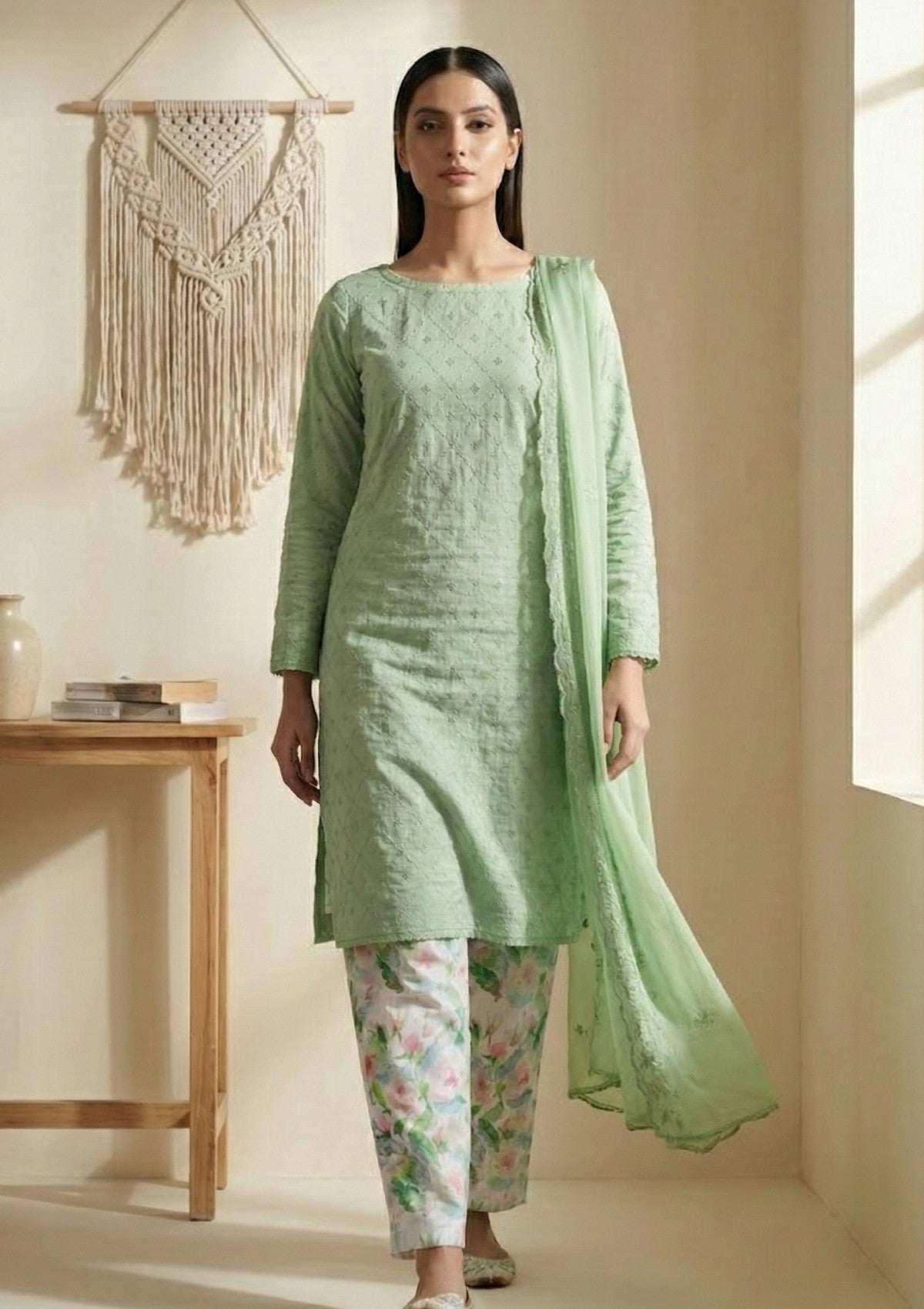 D#13 - L Green - 3 pc - Printed Embroidered - R Prints Lawn 26