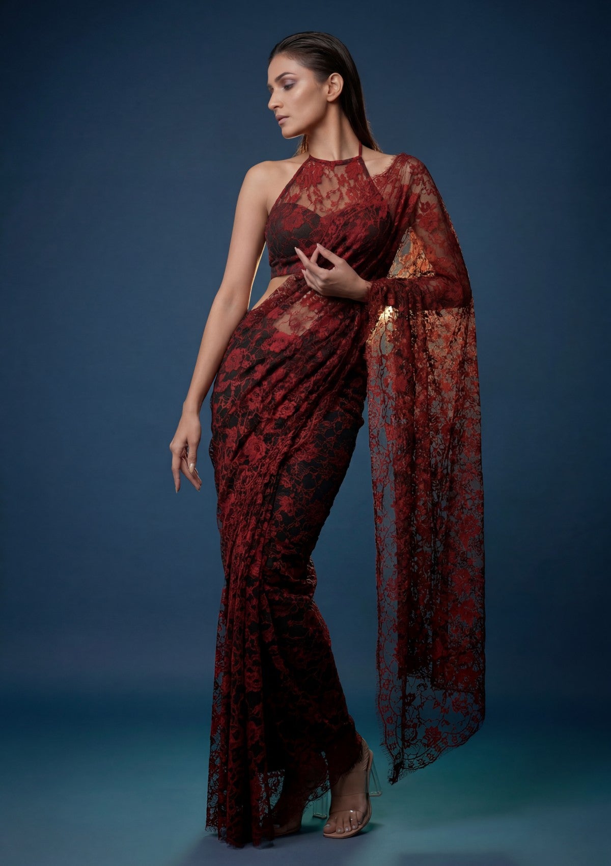 Fancy Chantilly Lace Saree - Maroon