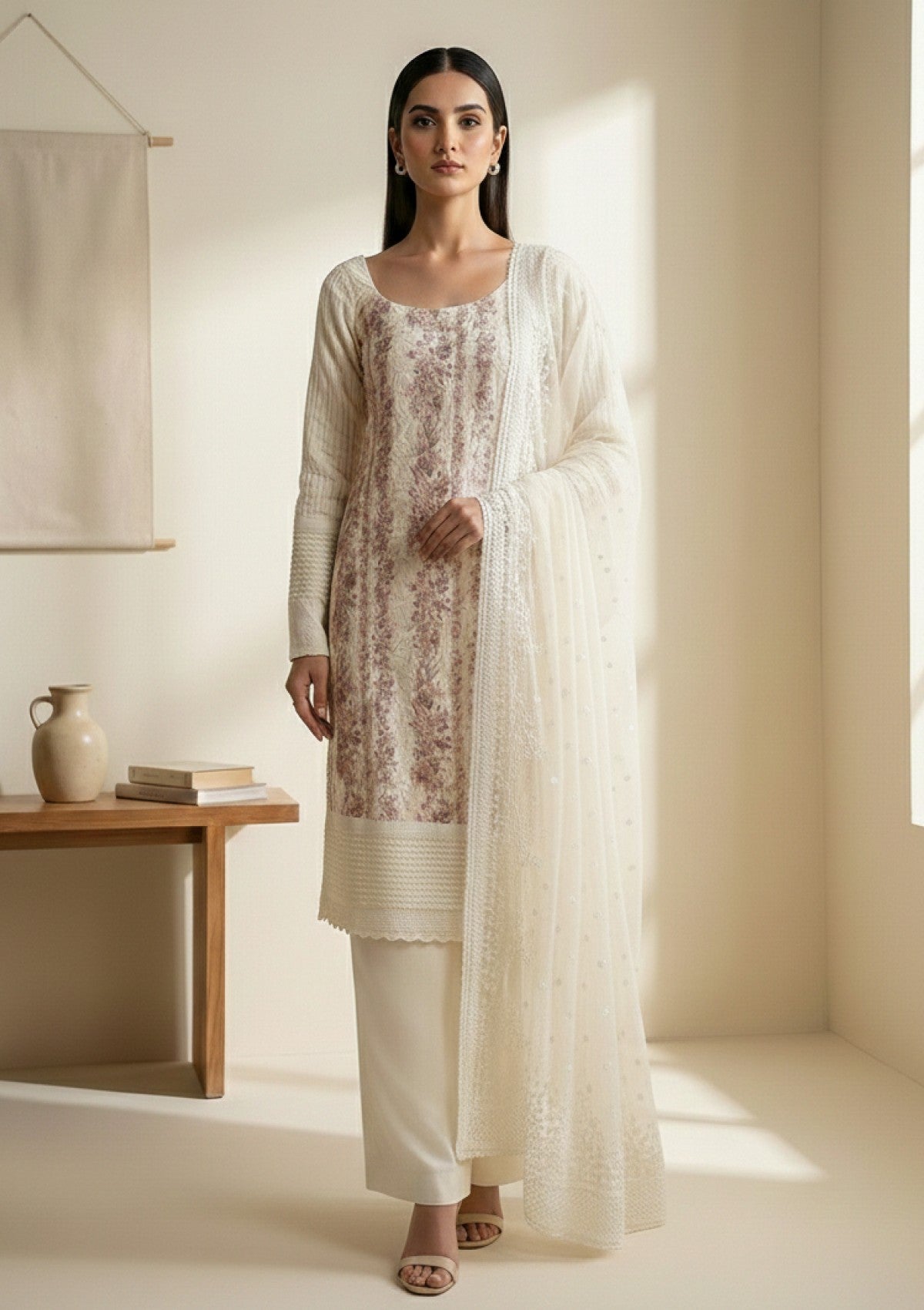 D#212 - Cream - 3 pc - Printed Embroidered - R Prints Lawn 26