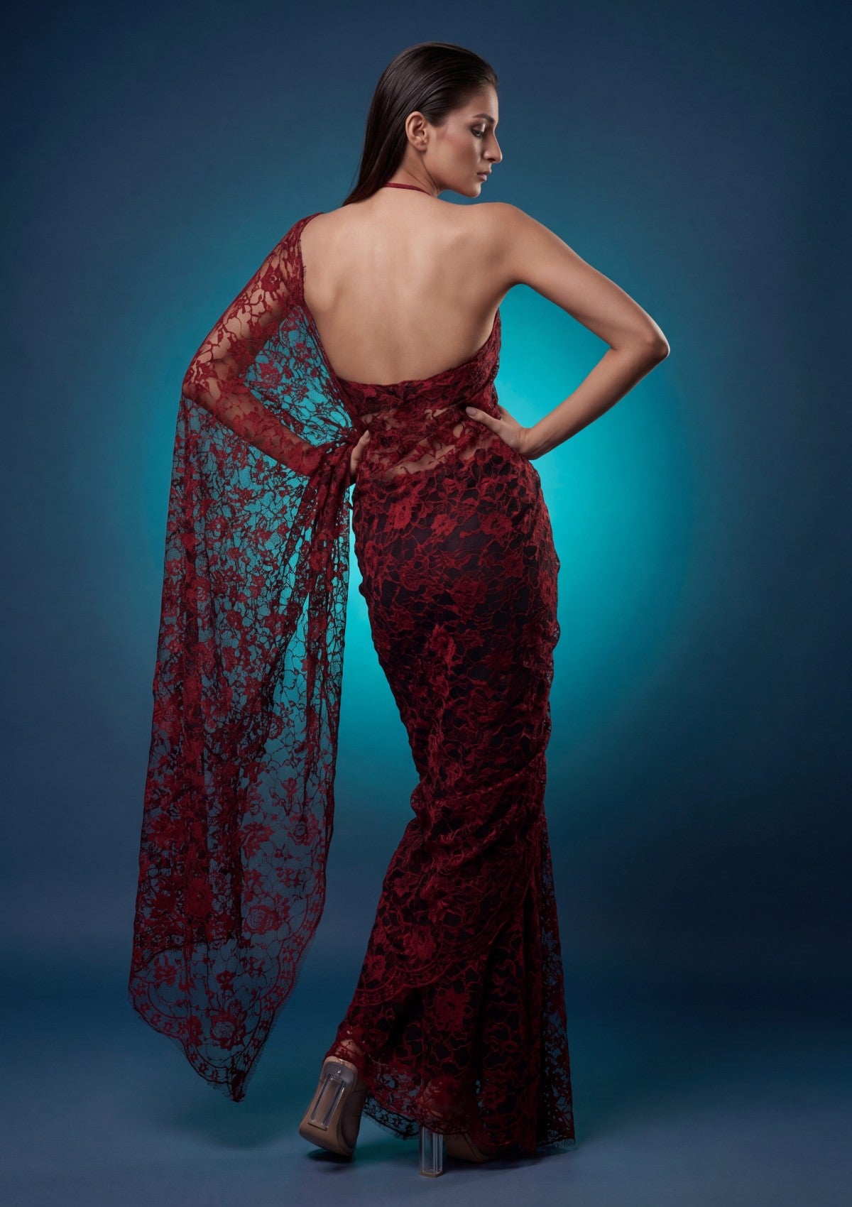 Fancy Chantilly Lace Saree - Maroon