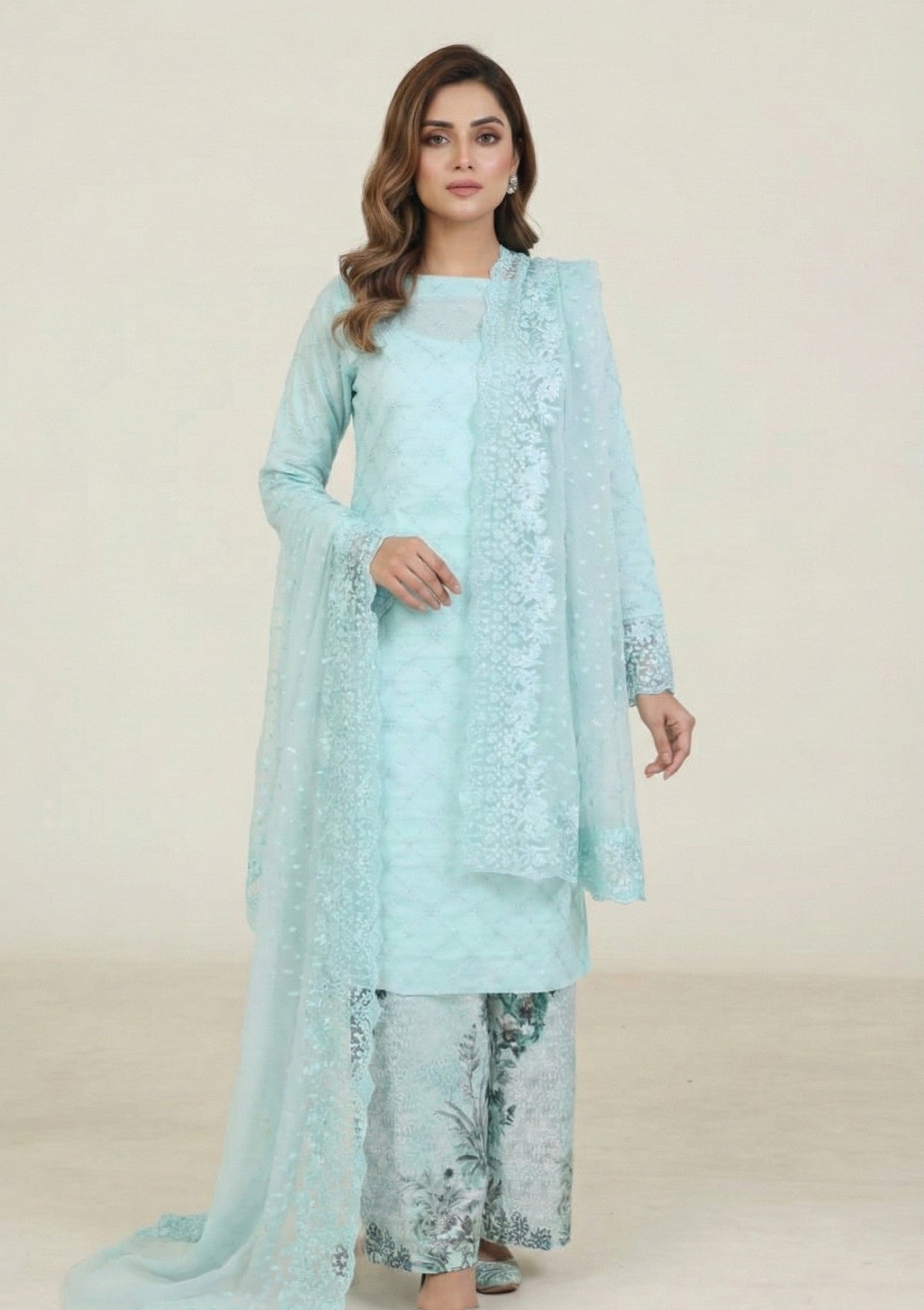 D#12 - Sky Blue - 3 pc - Printed Embroidered - R Prints Lawn 26
