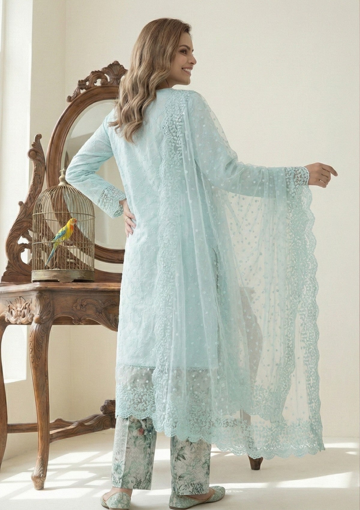 D#12 - Sky Blue - 3 pc - Printed Embroidered - R Prints Lawn 26