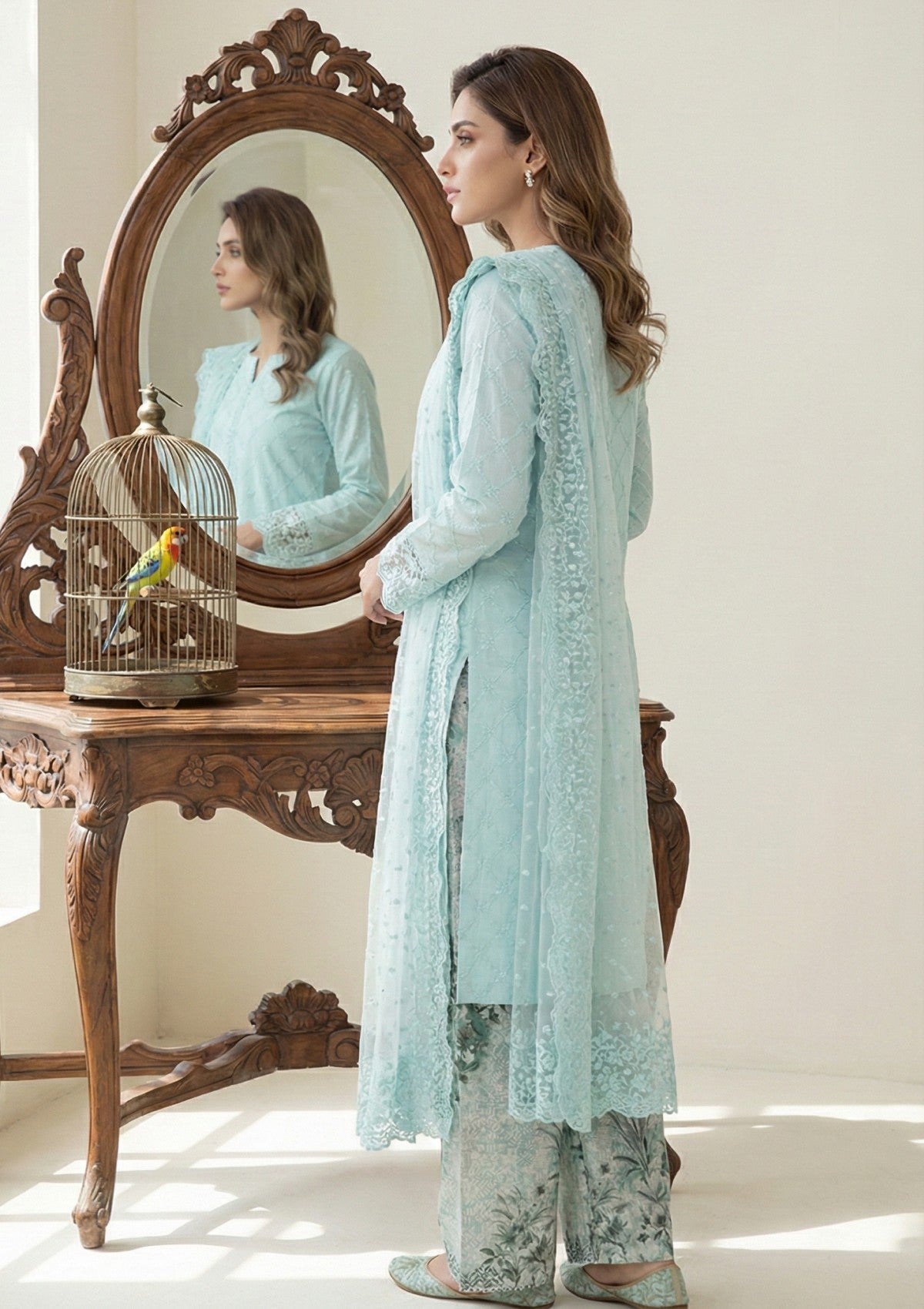 D#12 - Sky Blue - 3 pc - Printed Embroidered - R Prints Lawn 26