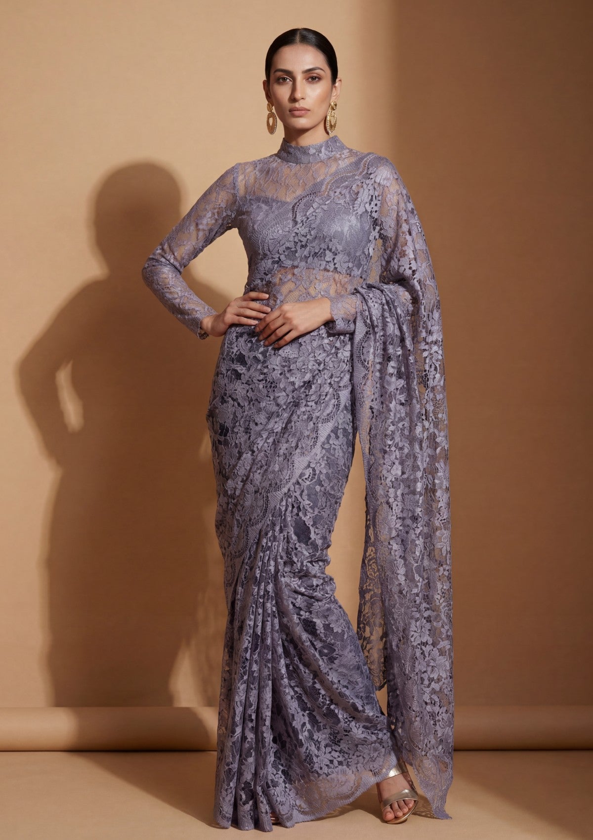 Fancy Chantilly Lace Saree - Lavender Grey