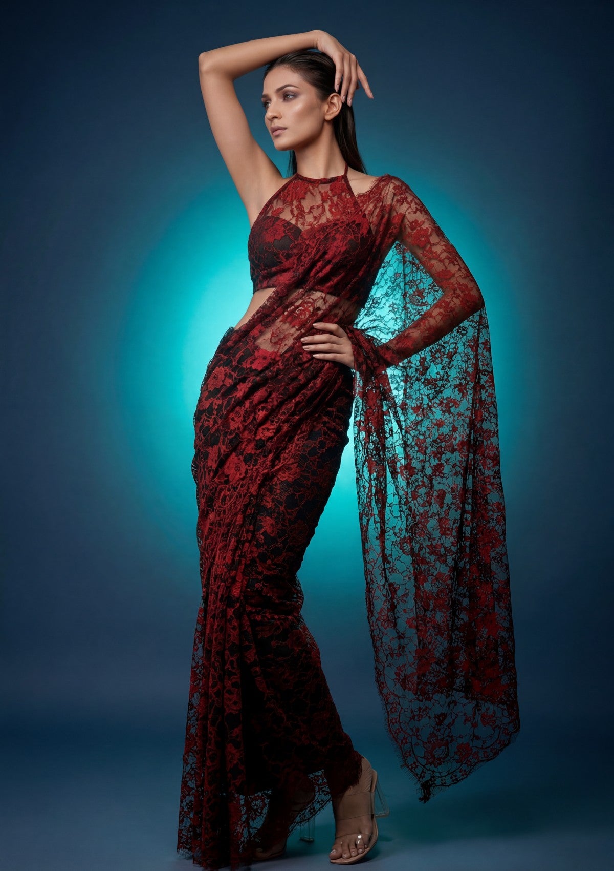 Fancy Chantilly Lace Saree - Maroon