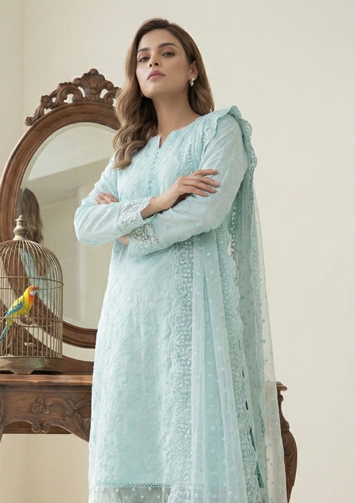 D#12 - Sky Blue - 3 pc - Printed Embroidered - R Prints Lawn 26