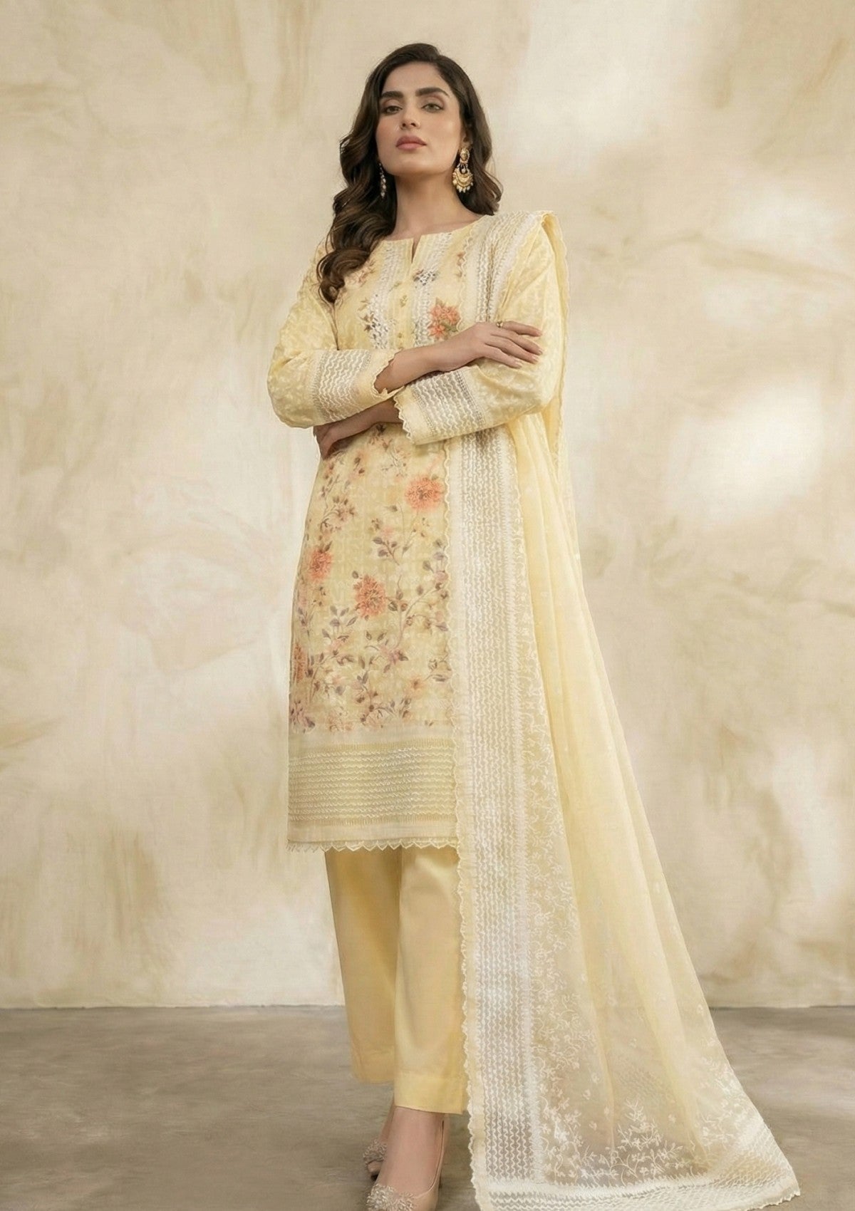 D#214 - Yellow - 3 pc - Printed Embroidered - R Prints Lawn 26