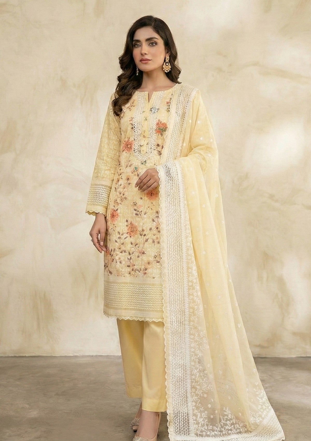 D#214 - Yellow - 3 pc - Printed Embroidered - R Prints Lawn 26