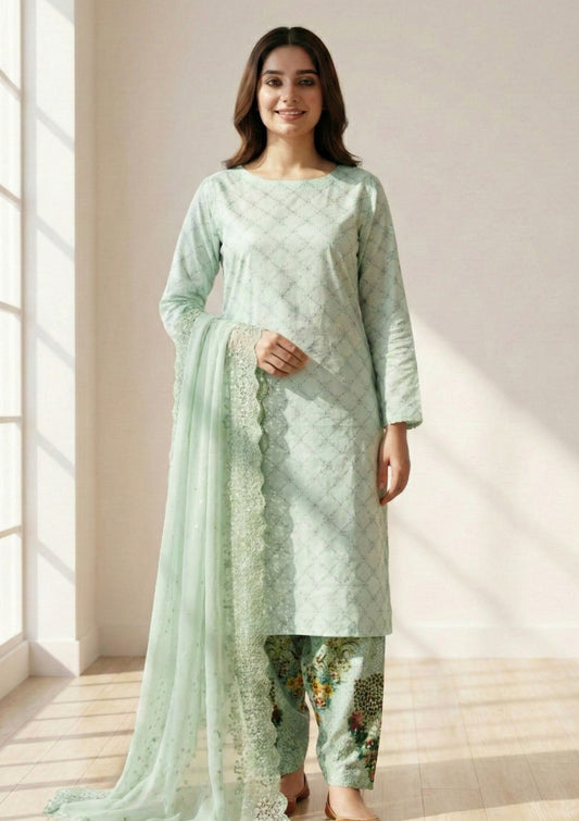 D#12 - L Green - 3 pc - Printed Embroidered - R Prints Lawn 26