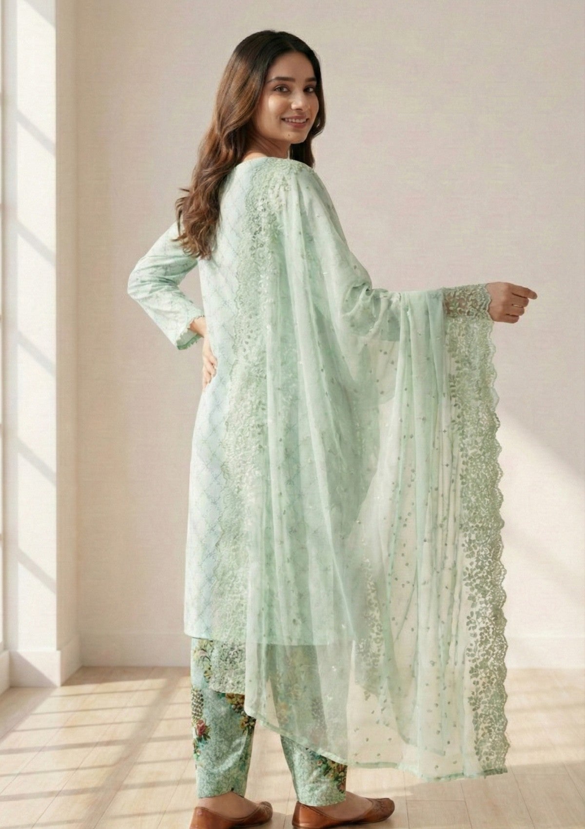 D#12 - L Green - 3 pc - Printed Embroidered - R Prints Lawn 26