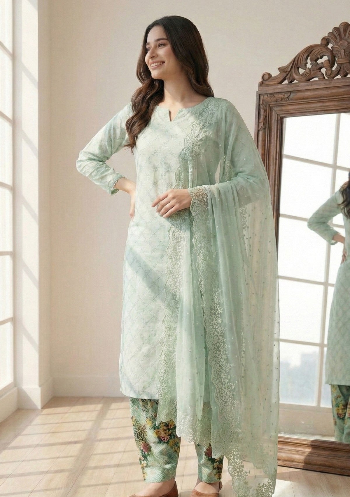 D#12 - L Green - 3 pc - Printed Embroidered - R Prints Lawn 26