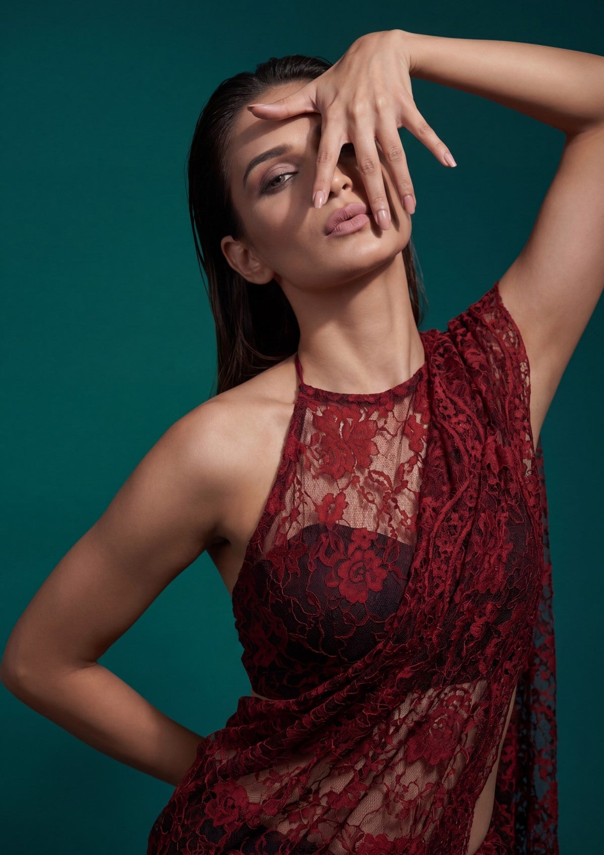 Fancy Chantilly Lace Saree - Maroon