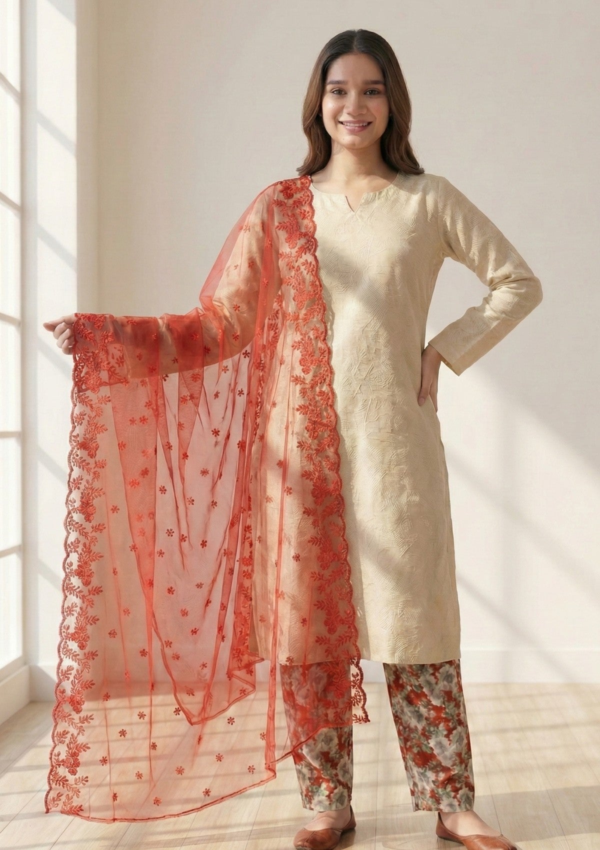 D#19 - Red - 3 pc - Printed Embroidered - R Prints Lawn 26