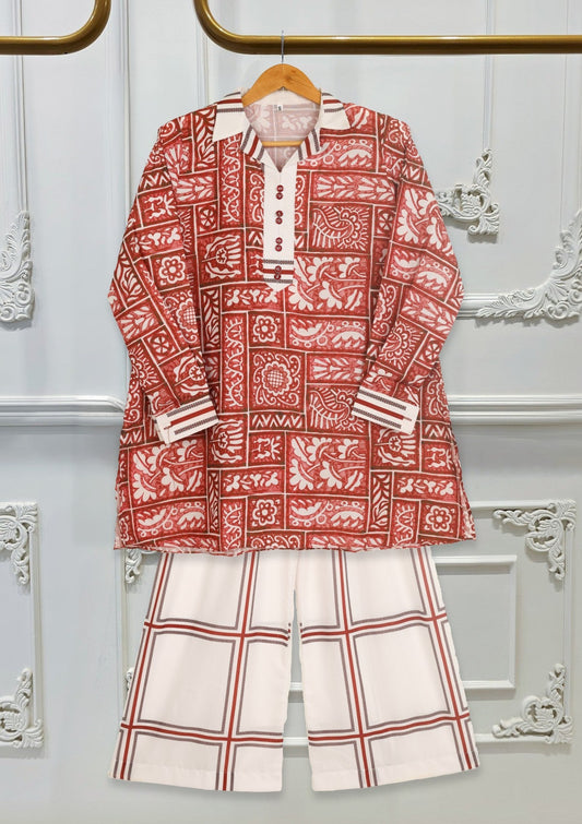 D#10 - White Maroon - Pret - Co-Ord Set - Silk