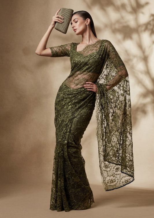 Fancy Chantilly Lace Saree - Mehndi Green