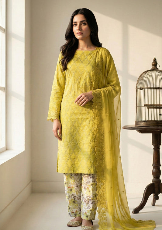 D#14 - Lemon - 3 pc - Printed Embroidered - R Prints Lawn 26